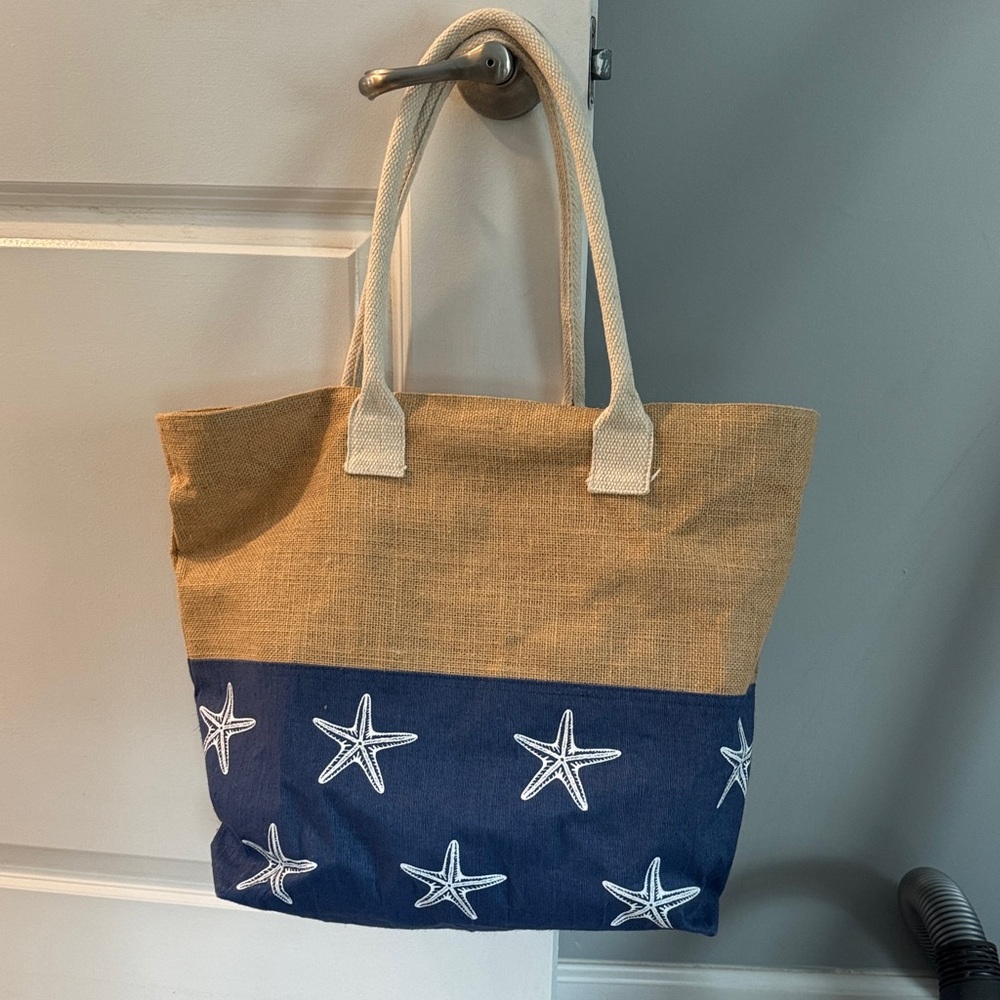 Blue and Tan Starfish Tote Bag